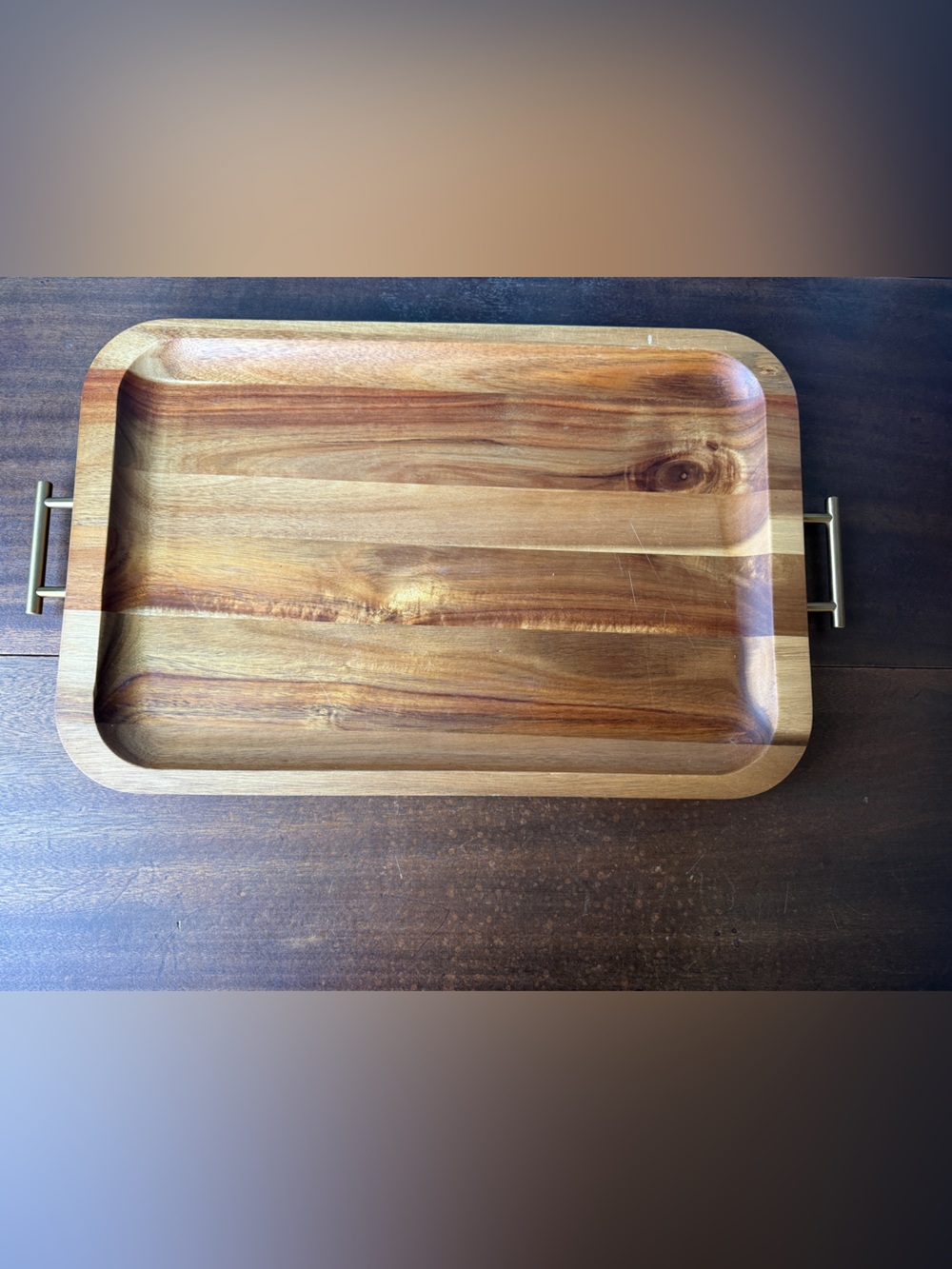 Better Homes & Gardens Acacia Wood Serving Tray Platter Gold Handles 22"
